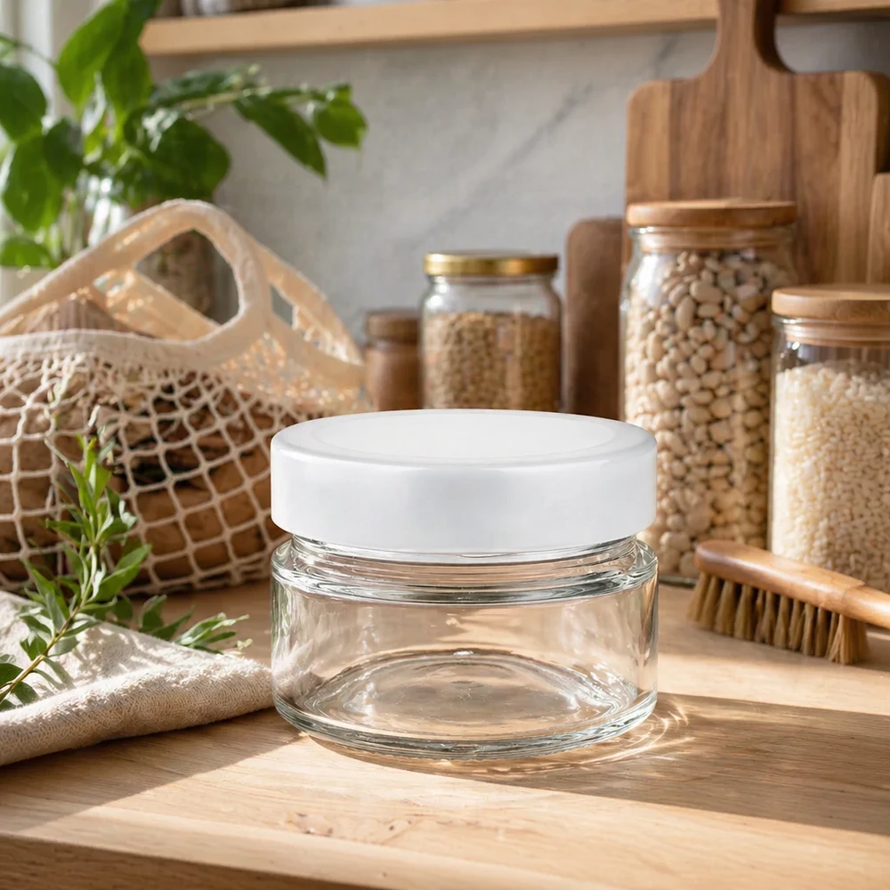 80ml kulatá sklenice s víčkem BasicSeal bílá hluboká UNiTWIST 80ml Rundglas mit BasicSeal Deckel auf Holzbrett in nachhaltiger Zero-Waste-Küche mit Vorratsglasern
