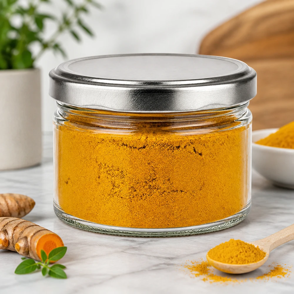 540ml kulatá sklenice + víčko BasicSeal stříbrné matné UNiTWIST 540ml Rundglas mit silbernem Deckel gefüllt mit Kurkumapulver, Gewürzaufbewahrung mit frischen Kurkumawurzeln