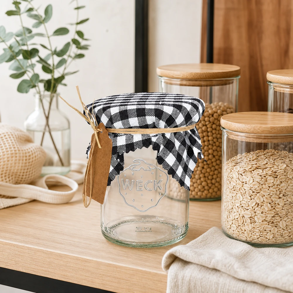 Látkový ubrousek na šperky kostkovaný černý 12cm čtvercový Weckglas mit schwarz-kariertem Stoffdeckchen und Bastschleife auf Holzregal neben Vorratsgläsern mit Getreide