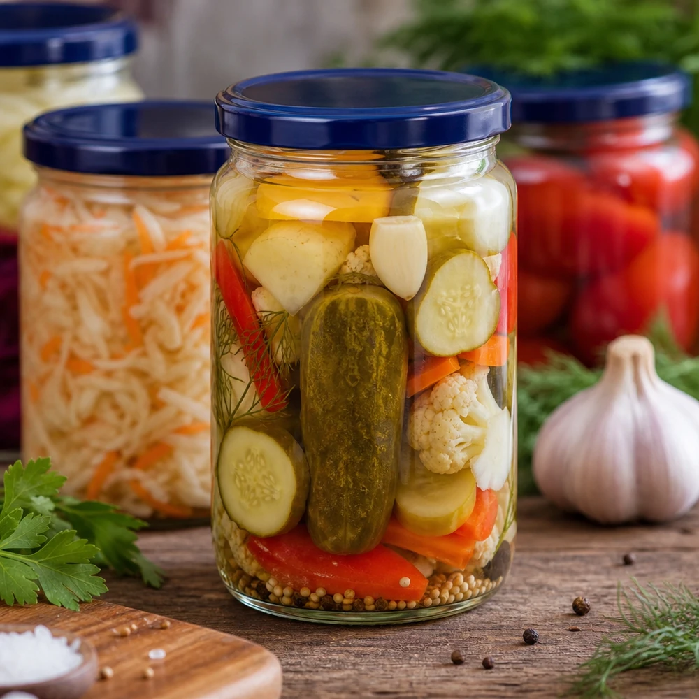 795ml kulatá sklenice + víčko BasicSeal modré UNiTWIST 795ml Rundglas mit blauem UNiTWIST Deckel gefüllt mit eingelegtem Mischgemüse Gurken und Gewürzen für Fermentation