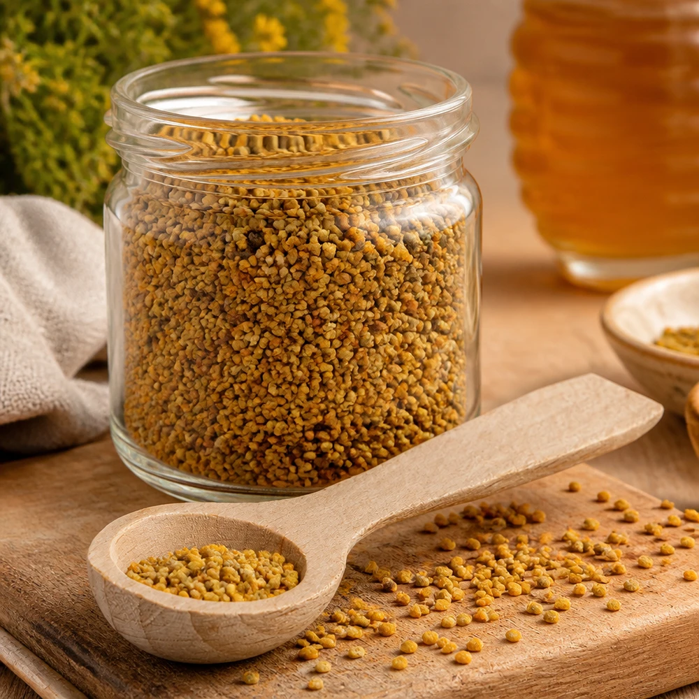 Holzschaufel S beim Abmessen von Blütenpollen aus Glasdose natürliches Buchenholz Küchenhelfer für Superfood