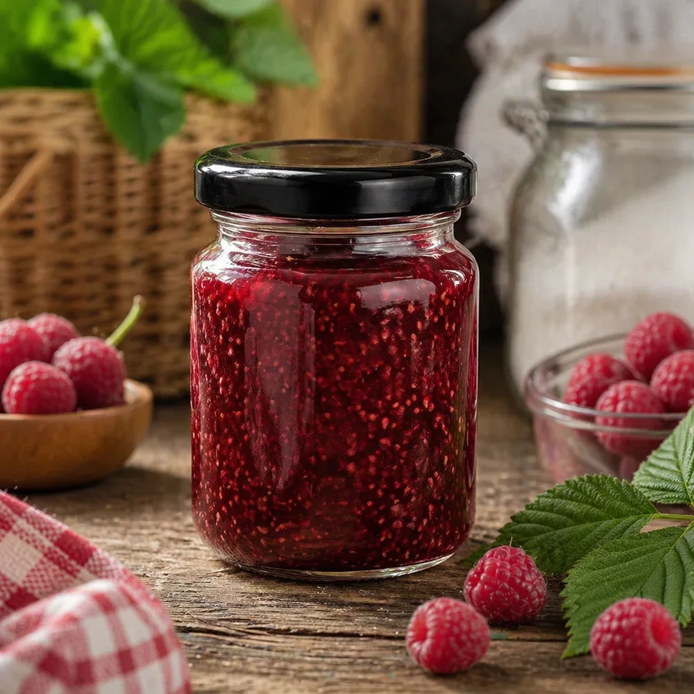 53ml kulatá sklenice s víčkem BasicSeal černá UNiTWIST 53ml Rundglas schwarzer Deckel mit Himbeermarmelade gefüllt rustikale Küche frische Beeren Marmeladenglas