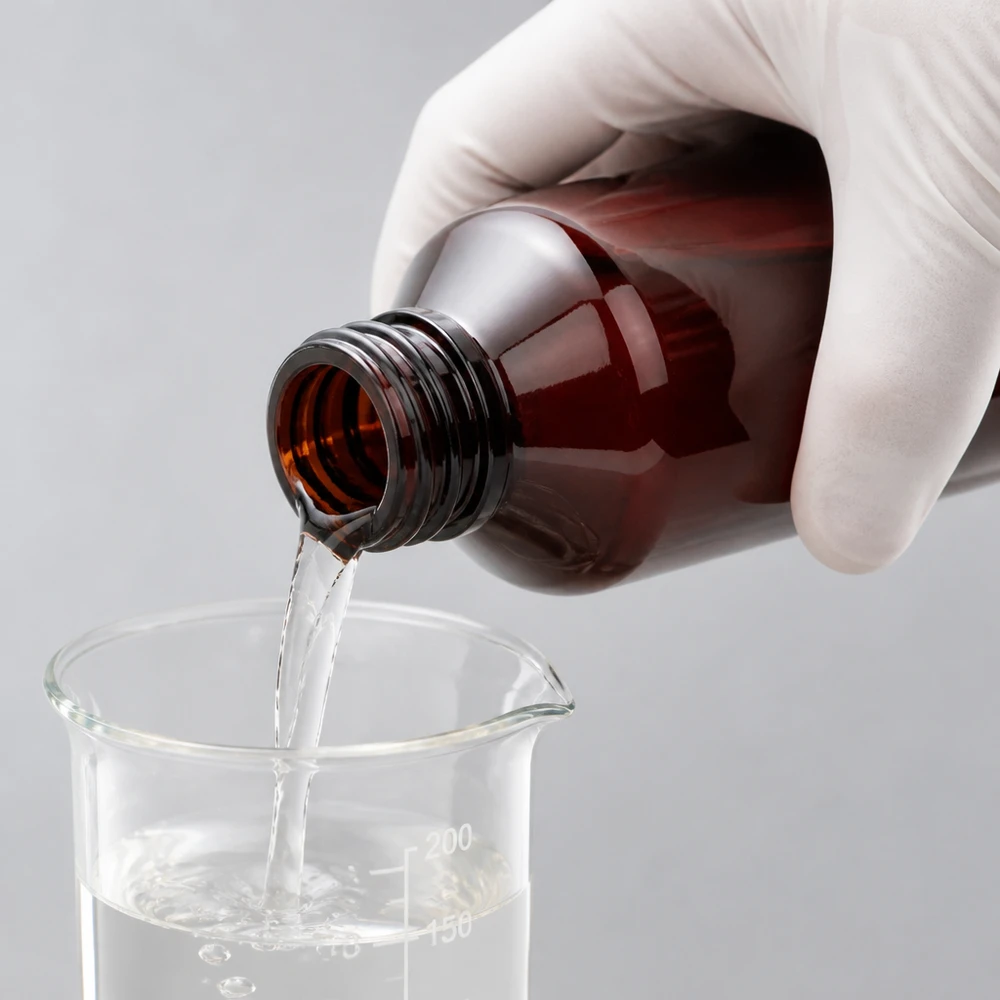 PET láhev 200ml s dávkovací pumpičkou bílá Klare Flüssigkeit wird aus 200ml bernsteinfarbener PET Flasche in Glasmessbehälter gegossen