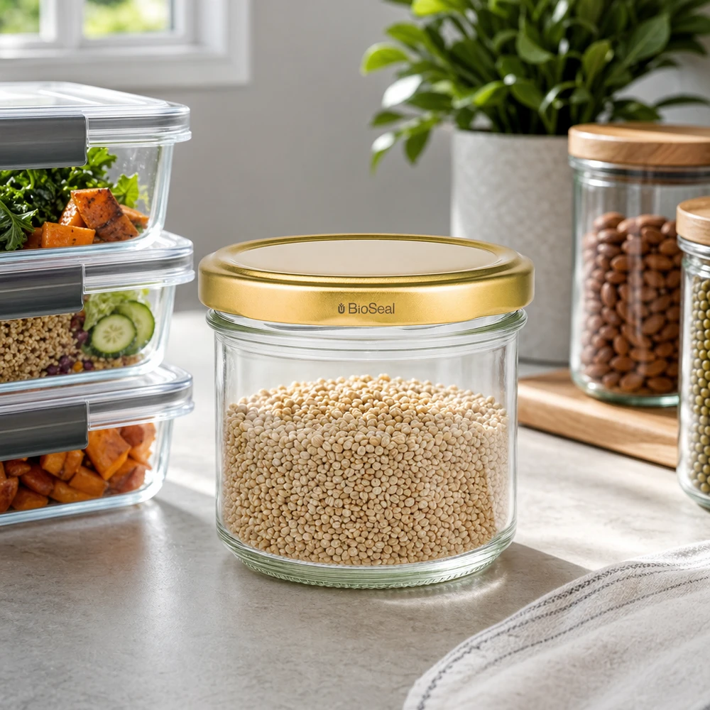 UNiTWIST 125ml Vorratsglas mit Quinoa befüllt - goldener TO66 Deckel in moderner Küche mit Meal-Prep-Boxen