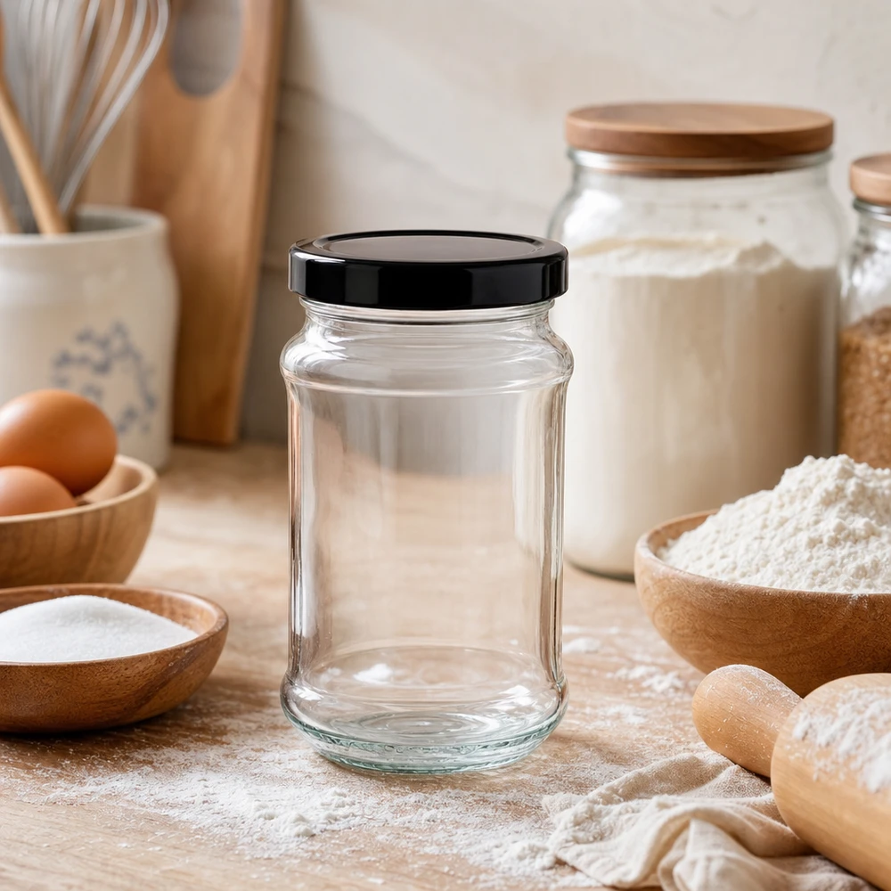 390ml kulatá sklenice + víčko BasicSeal černé hluboké UT 390ml Rundglas mit schwarzem BasicSeal Deckel in Küche mit Backzutaten - vielseitiges Vorratsglas für Mehl und Co
