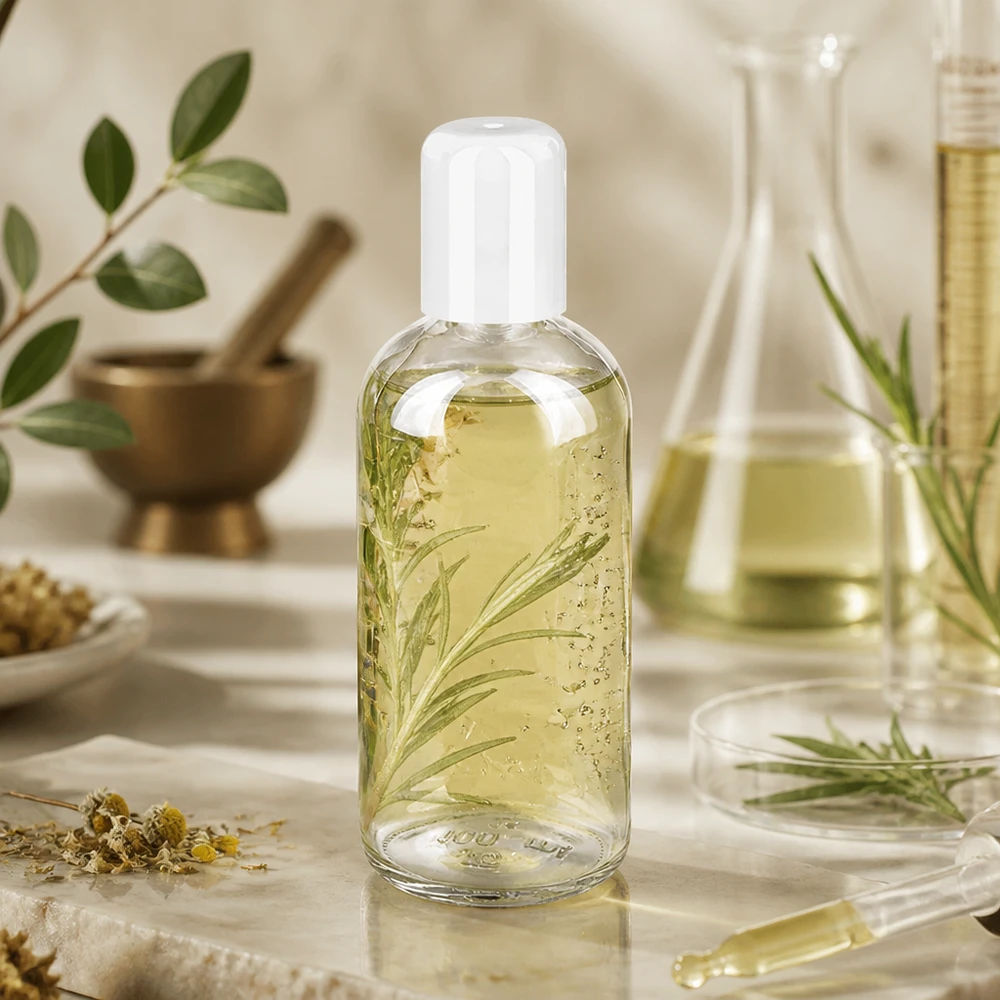 100ml roll-on lahvička bílá standardní uzávěr ClearLine UT18/100 ClearLine Roll-On Flasche 100ml mit Kräuterinfusion umgeben von Naturzutaten und Glaskolben