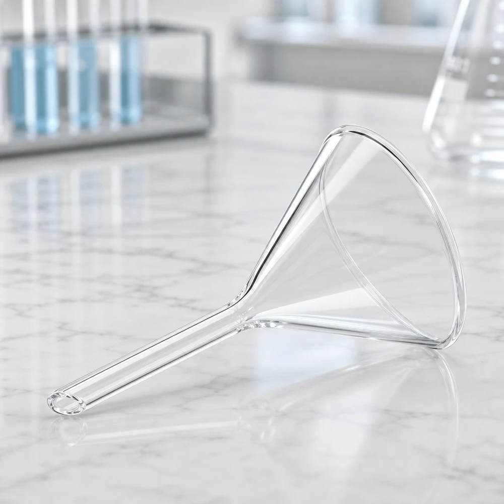 Trychtýř ø55mm sodnovápenatý, úhel 60°, krátký styl Sterilisierbarer Glastrichter 55mm Durchmesser mit kurzem Stiel für hygienische Laborarbeiten und Analysen