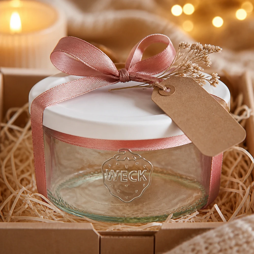 165ml tumble nádoba se skleněným víkem WECK RR80 - Skleněná nádoba se skleněným víkem pro osvěžení. WECK 165ml Sturzglas RR80 als Geschenk dekoriert mit rosa Schleife und Kraftpapier-Anhänger in rustikaler Verpackung