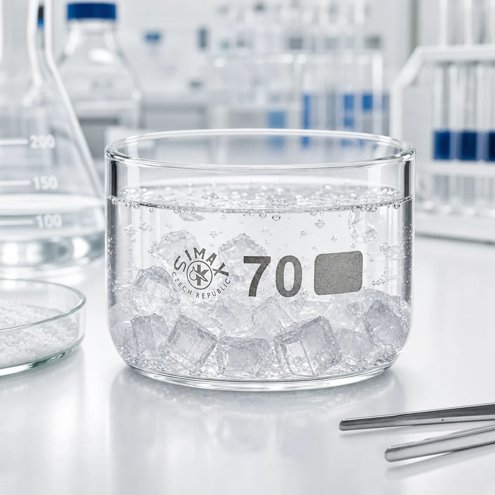 Kristallisierschale ohne Ausguss 100ml neben Erlenmeyerkolben und Pinzette im Labor