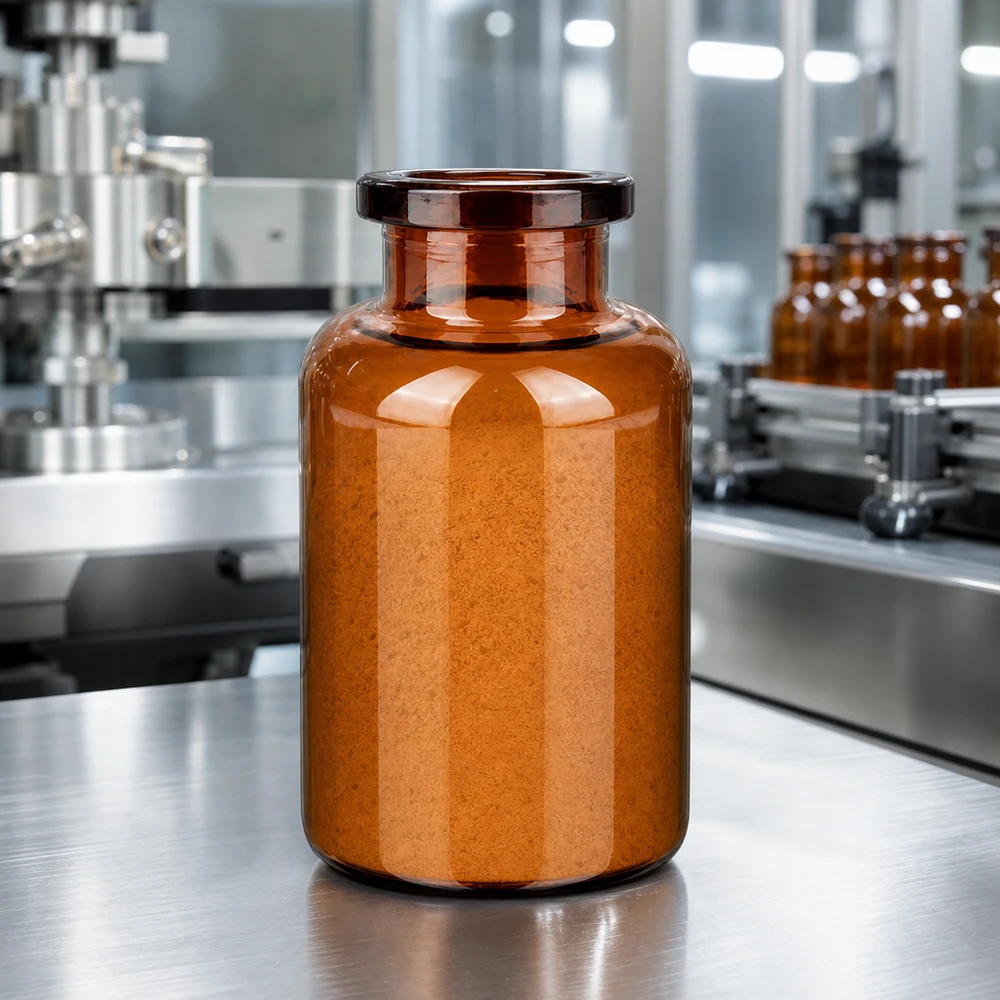Injekční lahvička z jantarového skla 20ml Zylindrische Injektionsflasche 20ml Braunglas gefüllt mit orangem Lyophilisat