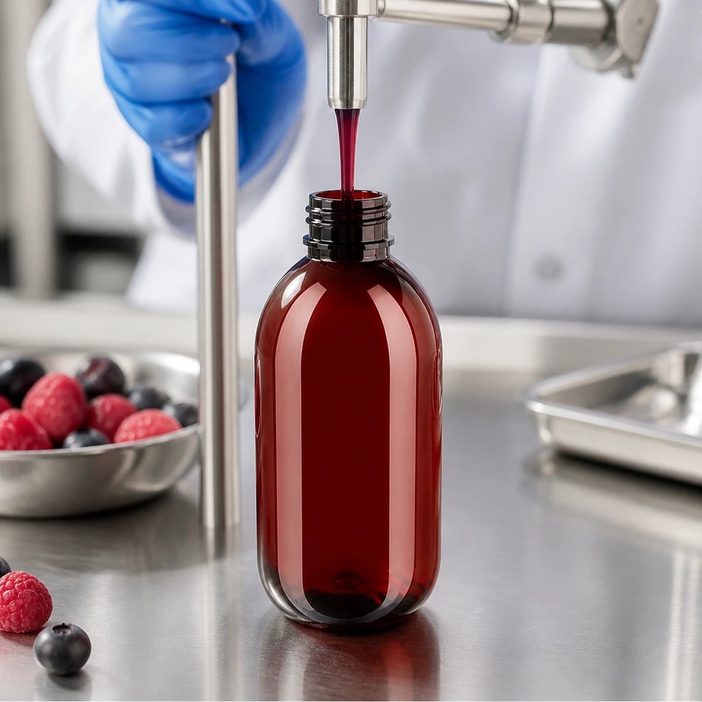 Plnění ovocného džusu do hnědých PET lahví o objemu 250 ml s rýhovaným uzávěrem v laboratoři