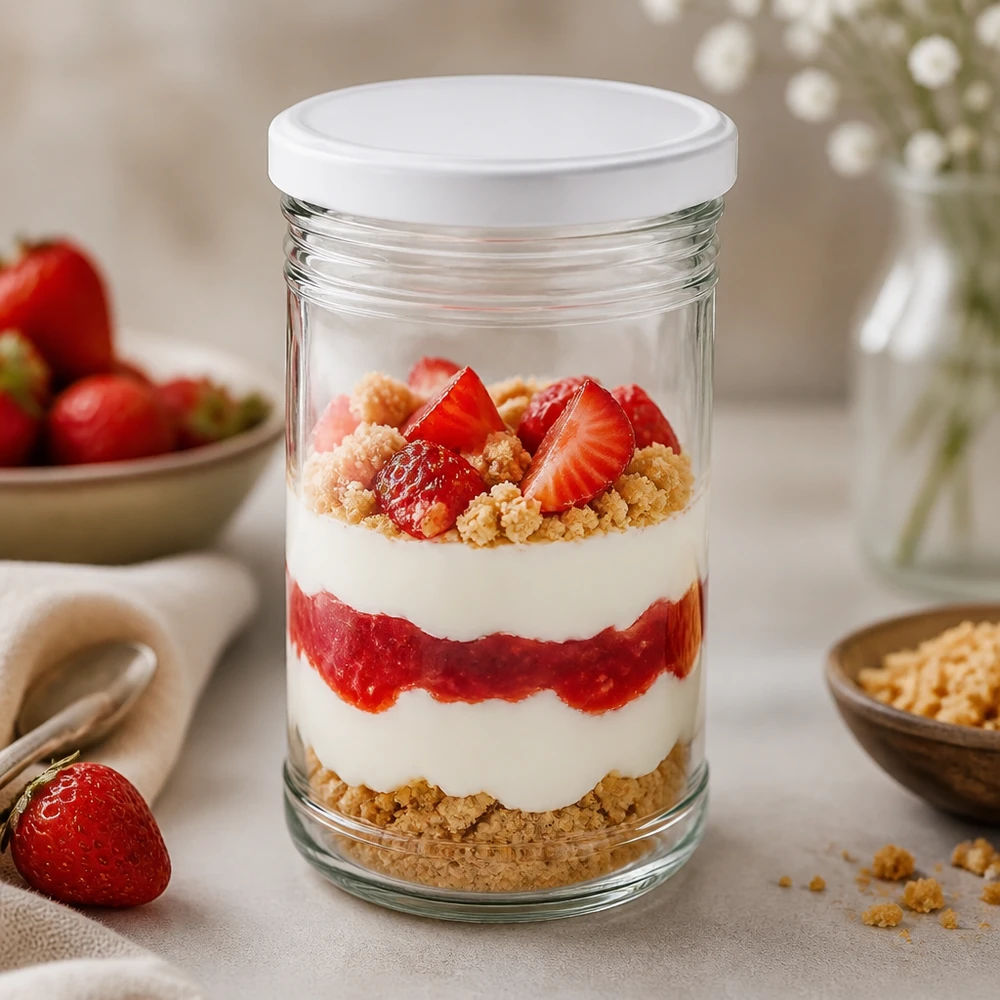 1053ml Sturzglas als Dessertglas mit Erdbeer-Sahne-Schichtdessert BasicSeal Deckel weiß Nachspeise im Glas