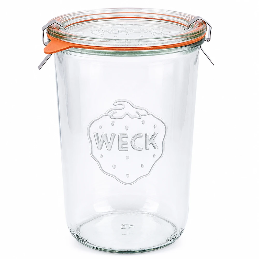 Kompletní sklenice s objemem 850 ml WECK RR100 s čerstvostí. WECK RR100 Sturzglas 850ml mit Glasdeckel Gummiring und Klammern für Einkochen und Vorratshaltung