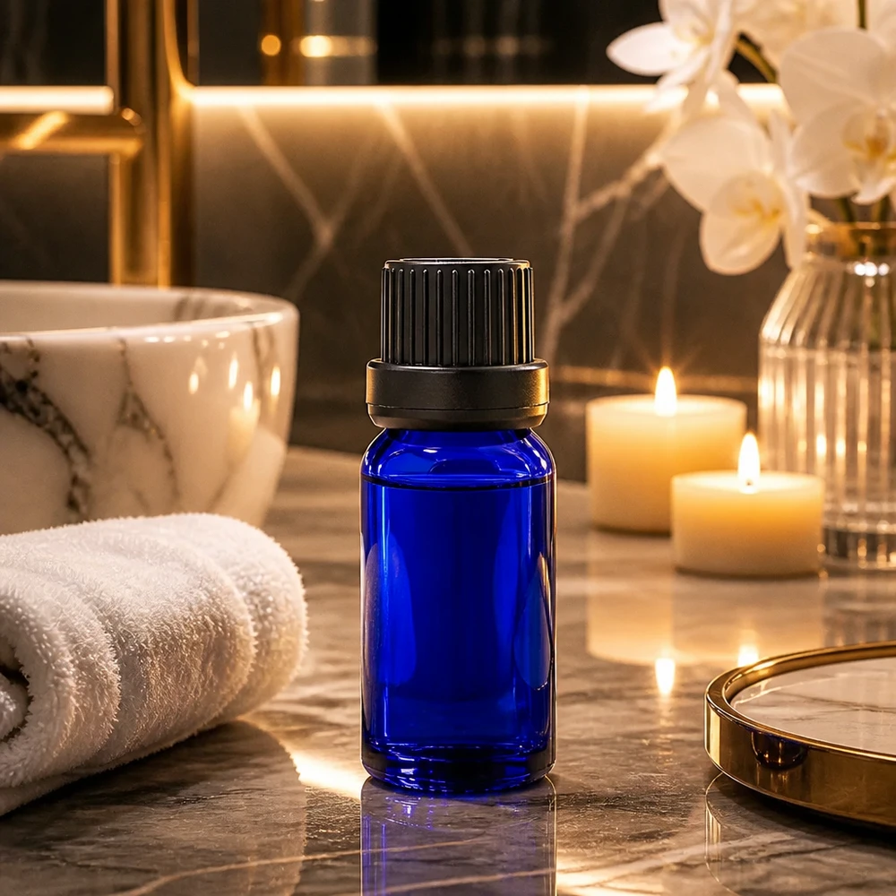 Lahvička 5ml 11mm šroubovací uzávěr černý BlueLine UT18/5 s ochranným uzávěrem proti manipulaci Luxuriöse 5ml blaue Glasflasche mit elegantem Design für Premium Aromatherapie Produkte