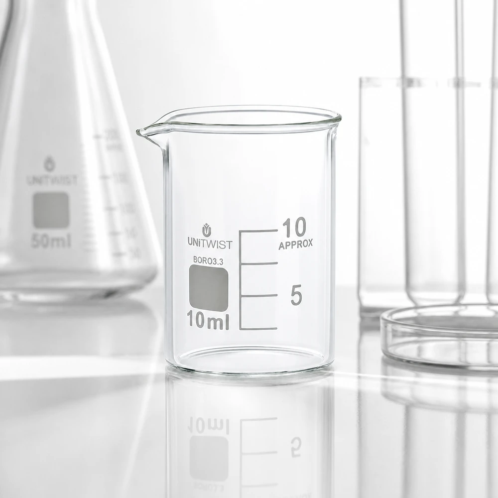 Kádinka 10 ml borosilikátová, nízká forma UNiTWIST Kleinstvolumen Becherglas 10ml Borosilikat niedrige Form ideal für Mikromengen im Chemielabor