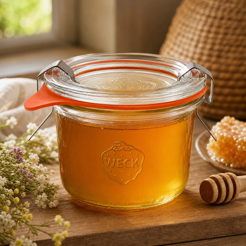 Kompletní 80ml sklenice se svěžestí WECK RR60 WECK Sturzglas 80ml RR60 mit Honig befüllt und Honiglöffel zeigt natürliche Lagerung von flüssigen Produkten