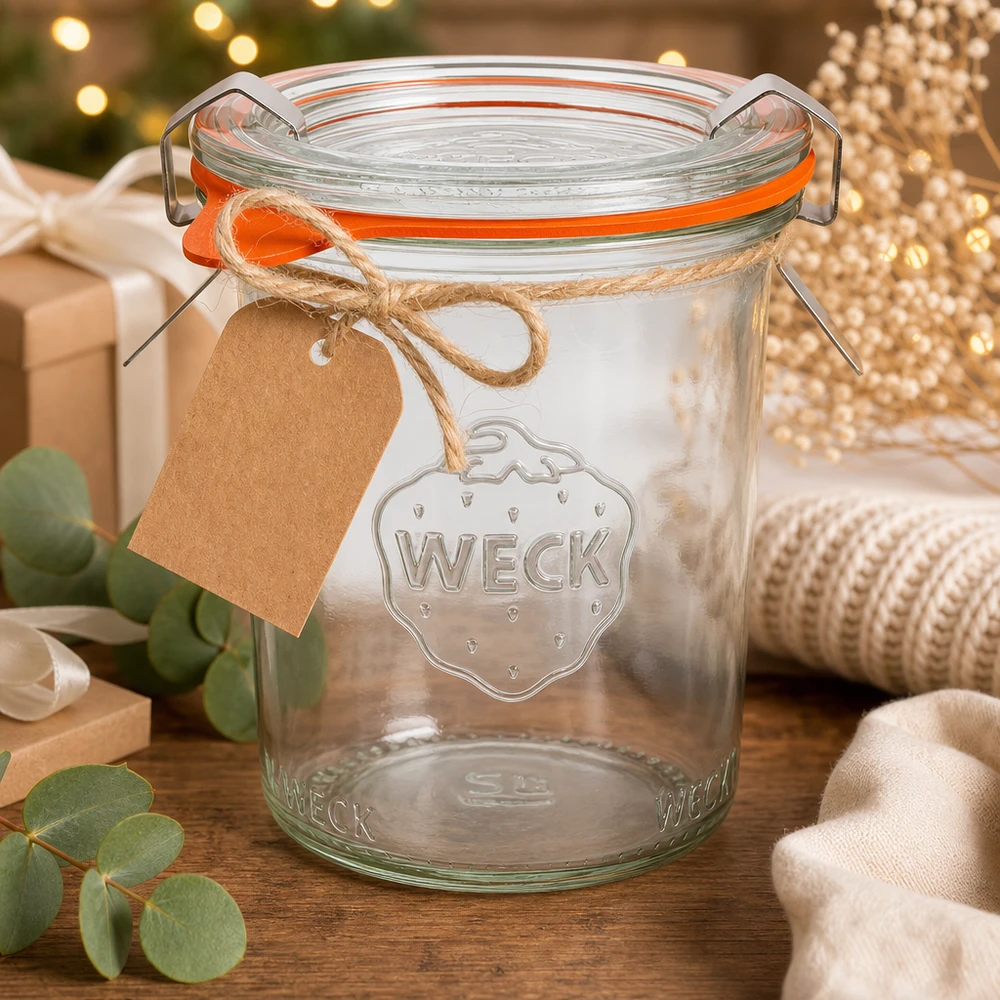 Kompletní 160ml sklenice se svěžestí WECK RR60 WECK Sturzglas 160ml RR60 als Geschenkidee weihnachtlich dekoriert mit Kraftpapier-Anhänger und Juteband