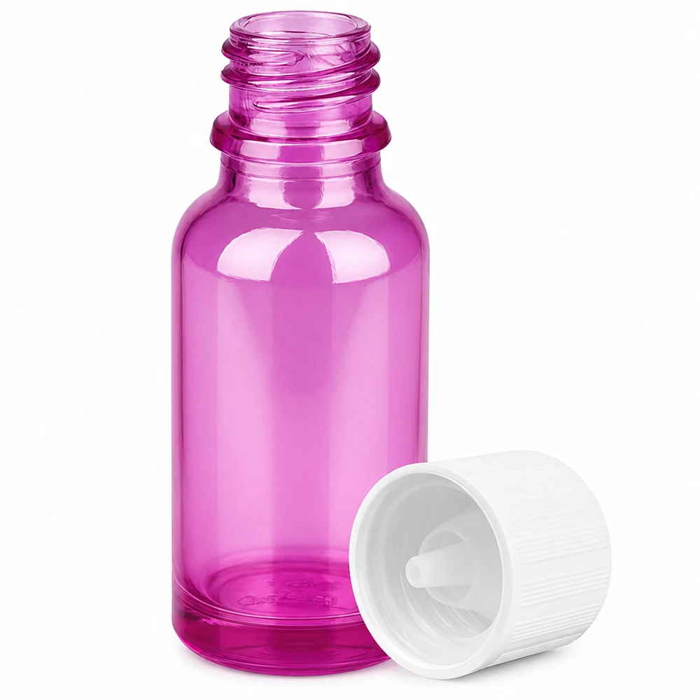 20ml lahvička s kapátkem 1,2 mm bílé standardní sklo odolné proti otevření dětmi PurpleLine.UT18/20 Violette Laborflasche mit Kindersicherung und UV-Schutz für empfindliche Substanzen