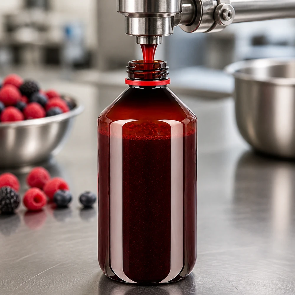 PET láhev 500ml s bílým/červeným uzávěrem s ochranou proti manipulaci. Plnicí linka plní hnědou PET láhev o objemu 500 ml červeným ovocným džusem a uzavírá ji bílo-červeným uzávěrem