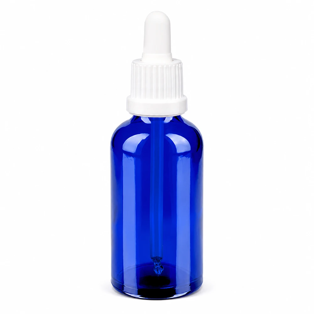 50ml pipetovací láhev bílá s uzávěrem proti neoprávněné manipulaci BlueLine UT18/50 Glasflasche 50ml blau mit Pipettenaufsatz weiß OV BlueLine UT18/50 für Flüssigkeiten