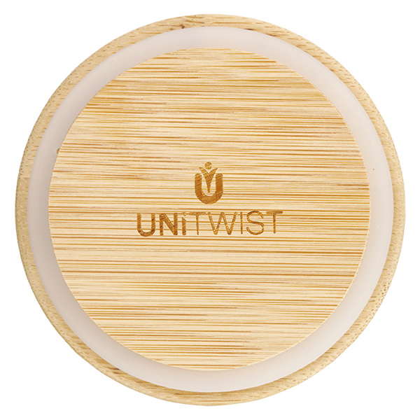 Dřevěné víko (buk) bez potisku pro WECK RR80 Bambusdeckel RR80 von oben mit UNITWIST Logo und sichtbarer Holzmaserung für WECK Einmachgläser 80mm Durchmesser