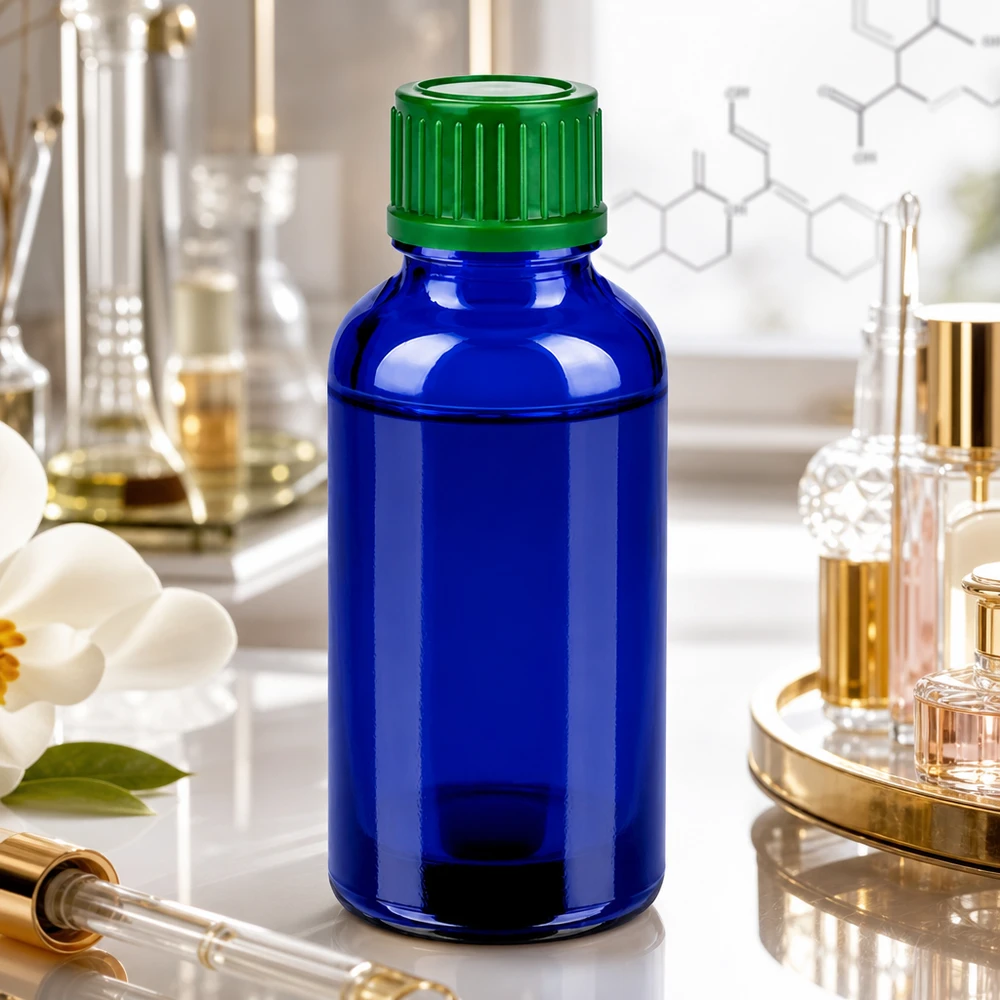 30ml láhev 11mm šroubovací uzávěr zelený standard BlueLine UT18/30 Umweltfreundliche Glasflasche 30ml wiederverwendbar mit dichtem grünen Verschluss