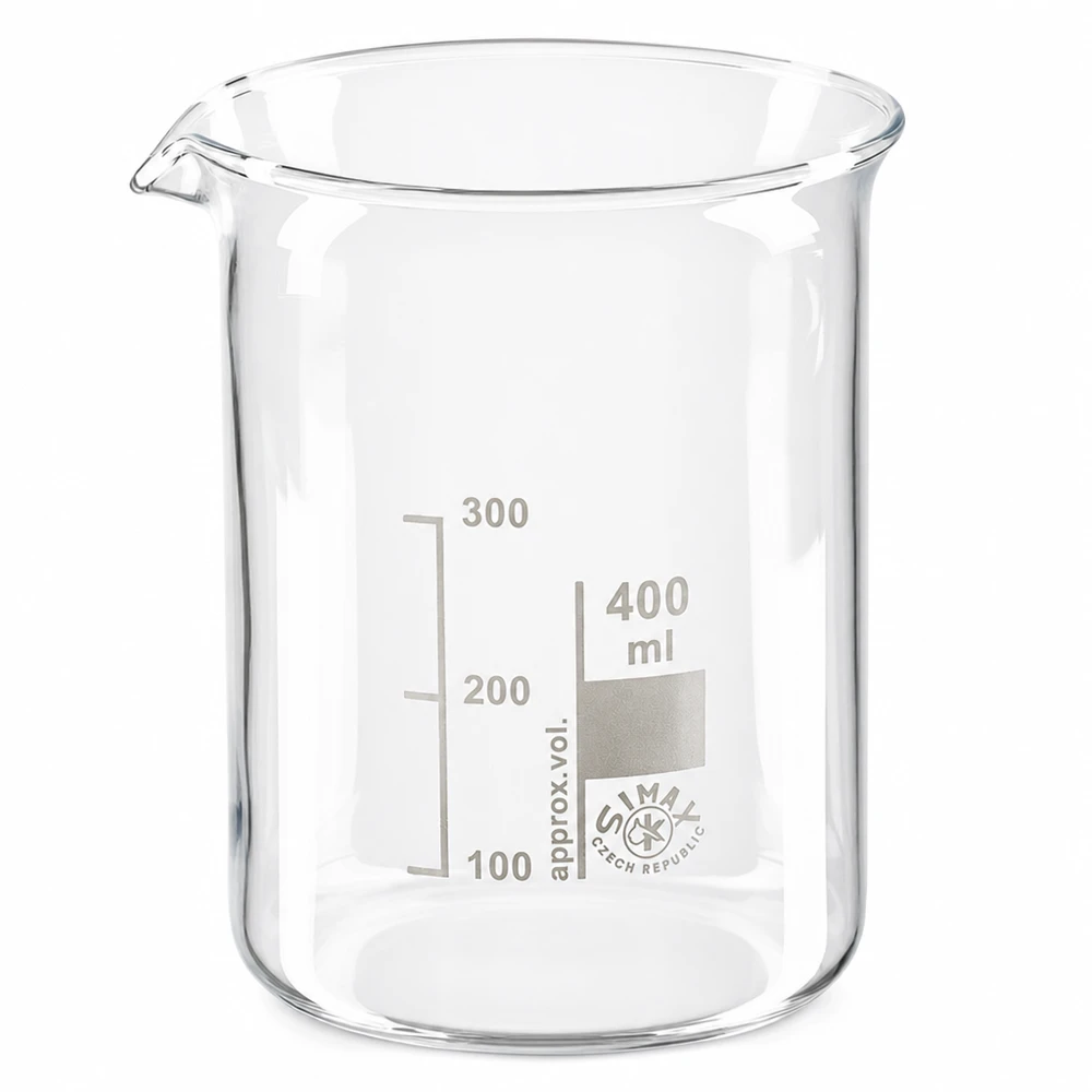 Kádinka 400ml z borosilikátového skla, nízký tvar Professionelles 400ml Becherglas niedrige Bauform aus klarem Borosilikatglas mit Skala