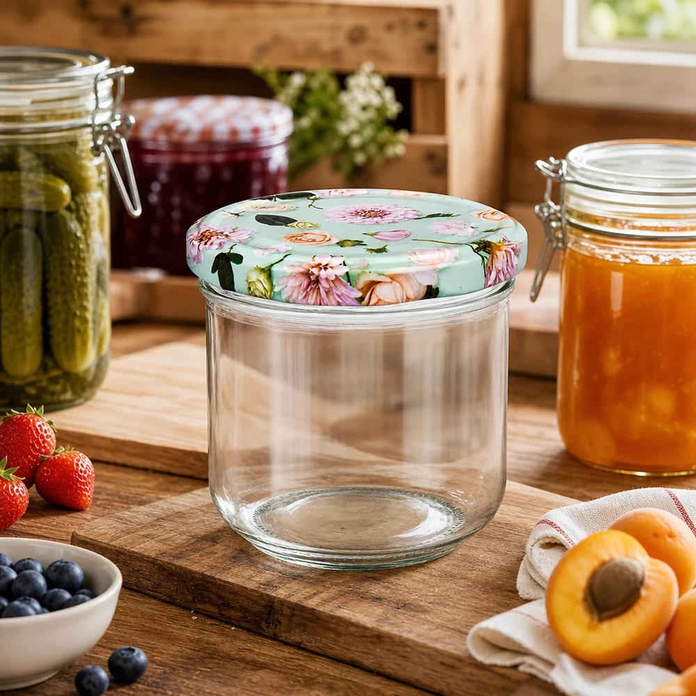 260ml Sturzglas leer mit BasicSeal Blumendeckel mint zwischen Einmachgläsern in rustikaler Küche mit frischen Früchten