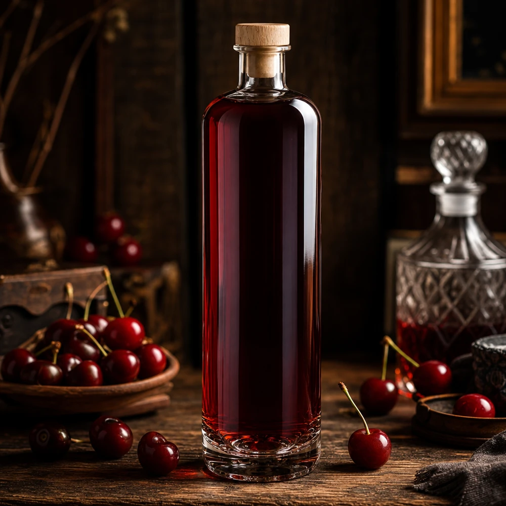 700ml Glasflasche "Eleganz" mit Holzgriffkorken UNiTWIST® 700ml Glasflasche Ella mit Kirschlikör gefüllt und Holzkorken in eleganter Destillerie-Atmosphäre mit frischen Kirschen