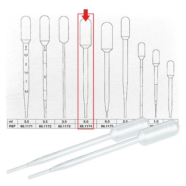 Přenosová pipeta o objemu 6 ml (152x15 mm) bez stupnice. Přenosová pipeta o objemu 6 ml (152x15 mm) bez stupnice.