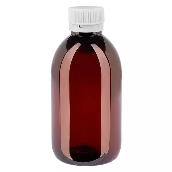 PET láhev 250ml s bílým rýhovaným uzávěrem s možností manipulace.