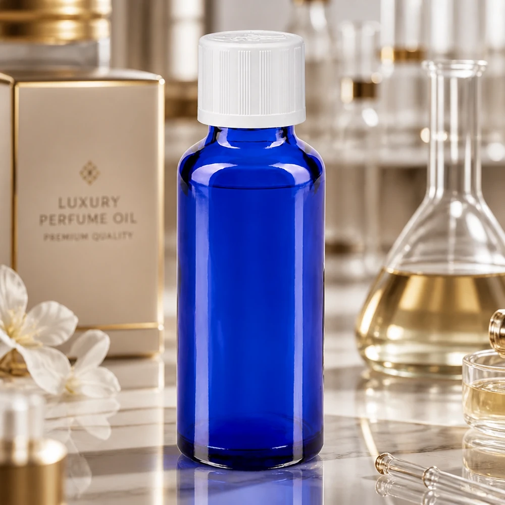 Blaue 30ml Apoflasche mit Kindersicherung vor goldenem Luxury Perfume Oil Verpackungskarton