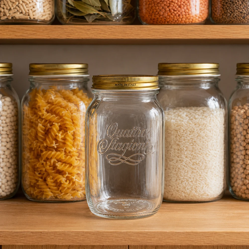 1000ml kulatá skleněná "Quattro Stagioni" s víčkem 1000ml Quattro Stagioni Einmachglas in Küchenpantry zwischen gefüllten Vorratsgläsern Pasta Reis Hülsenfrüchte Aufbewahr