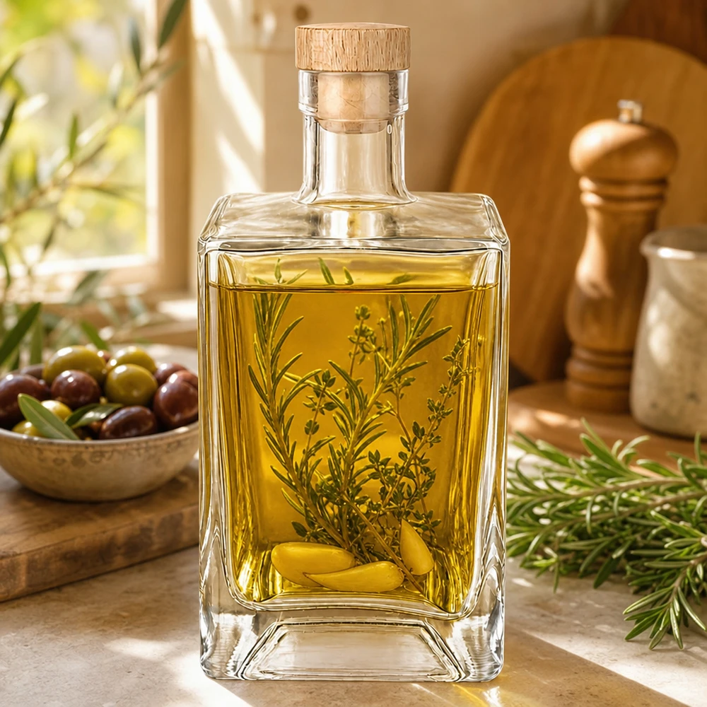 700ml Glasflasche Ben mit Olivenöl Kräutern gefüllt mediterrane Küche Rosmarinzweig Oliven Holzkorken UNiTWIST