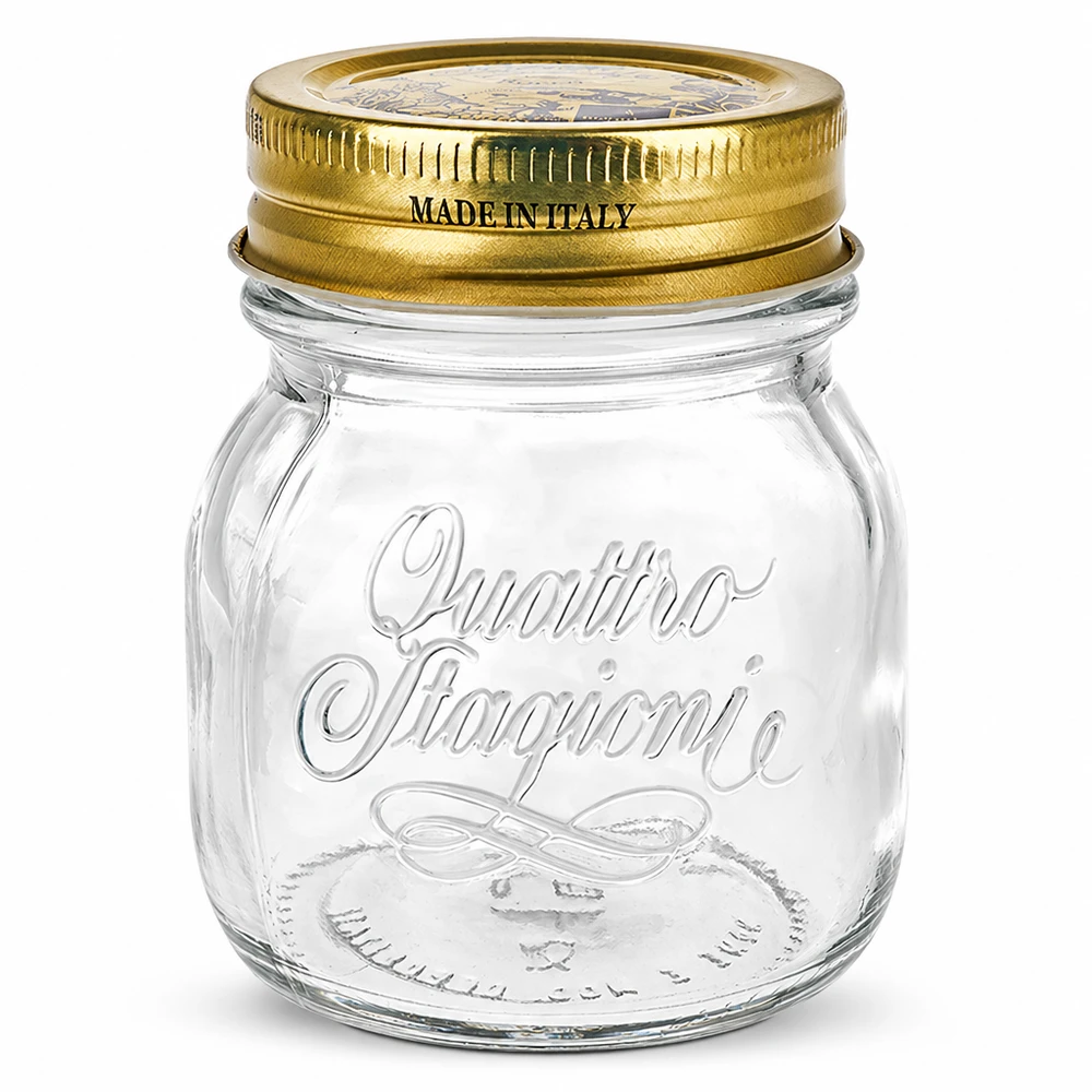 150ml kulatá sklenice "Quattro Stagioni" s víčkem 150ml Rundglas Quattro Stagioni mit goldenem Deckel Made in Italy für Einmachen und Konservieren