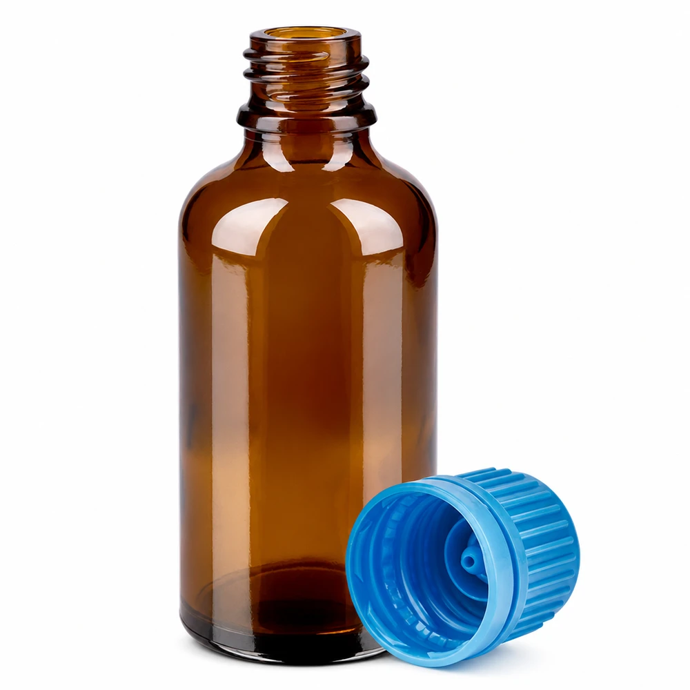 50ml láhev 11mm šroubovací uzávěr modrý tamper evidentní uzávěr BrownLine UT18/50 Bernsteinfarbene 50ml Flasche mit Schraubgewinde ideal für lichtempfindliche Substanzen