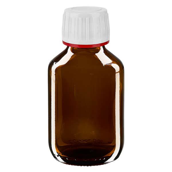 100ml lahvička na léky hnědá, uzávěr bílý s kroužkem proti neoprávněné manipulaci červený ApoGlas 100ml lahvička na léky hnědá, uzávěr bílý s kroužkem proti neoprávněné manipulaci červený ApoGlas