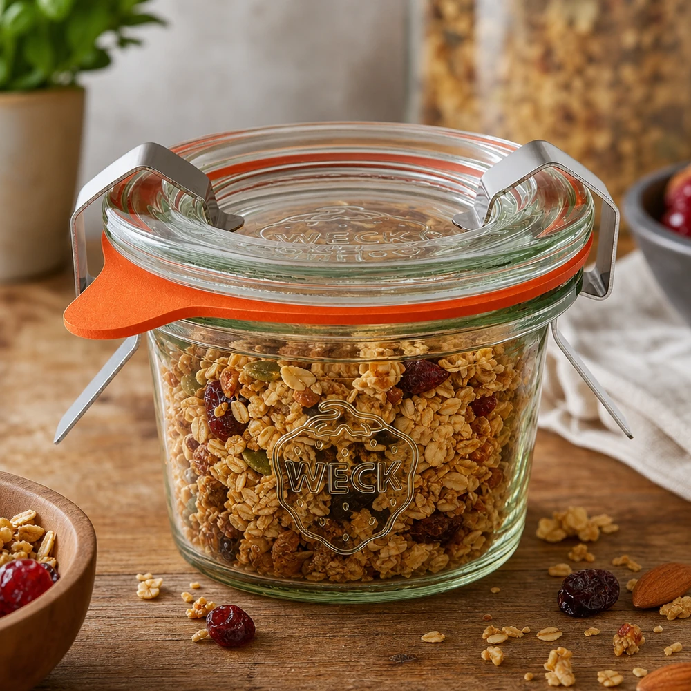 WECK Sturzglas 35ml RR40 gefüllt mit Müsli und Trockenfrüchten zeigt vielseitige Verwendung als Vorratsglas