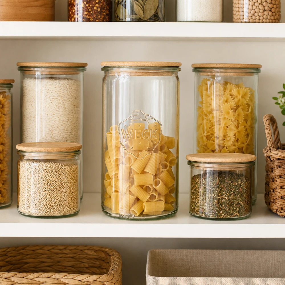 1590ml válcová sklenice WECK RR100 s dřevěným víkem buk. WECK Zylinderglas 1590ml RR100 mit Holzdeckel als Küchenorganisation für Pasta Reis Gewürze im Vorratsschrank