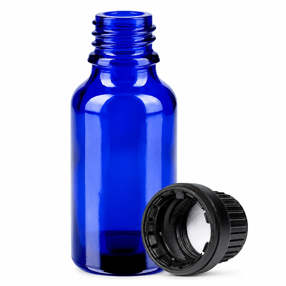 20ml lahvička 11mm šroubovací uzávěr černý s tamperem BlueLine UT18/20 Handliche blaue Glasflasche 20ml für Parfüm Seren und konzentrierte Flüssigkeiten