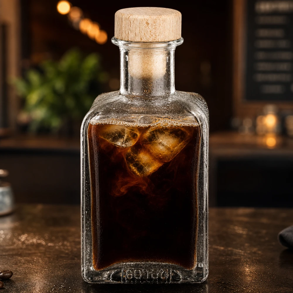 200ml Glasflasche "Clara" mit Holzgriff-Korken UNiTWIST 200ml Glasflasche Clara mit Cold Brew Kaffee befüllt Eiswürfel Holzkorken atmosphärische Beleuchtung Café Ambiente