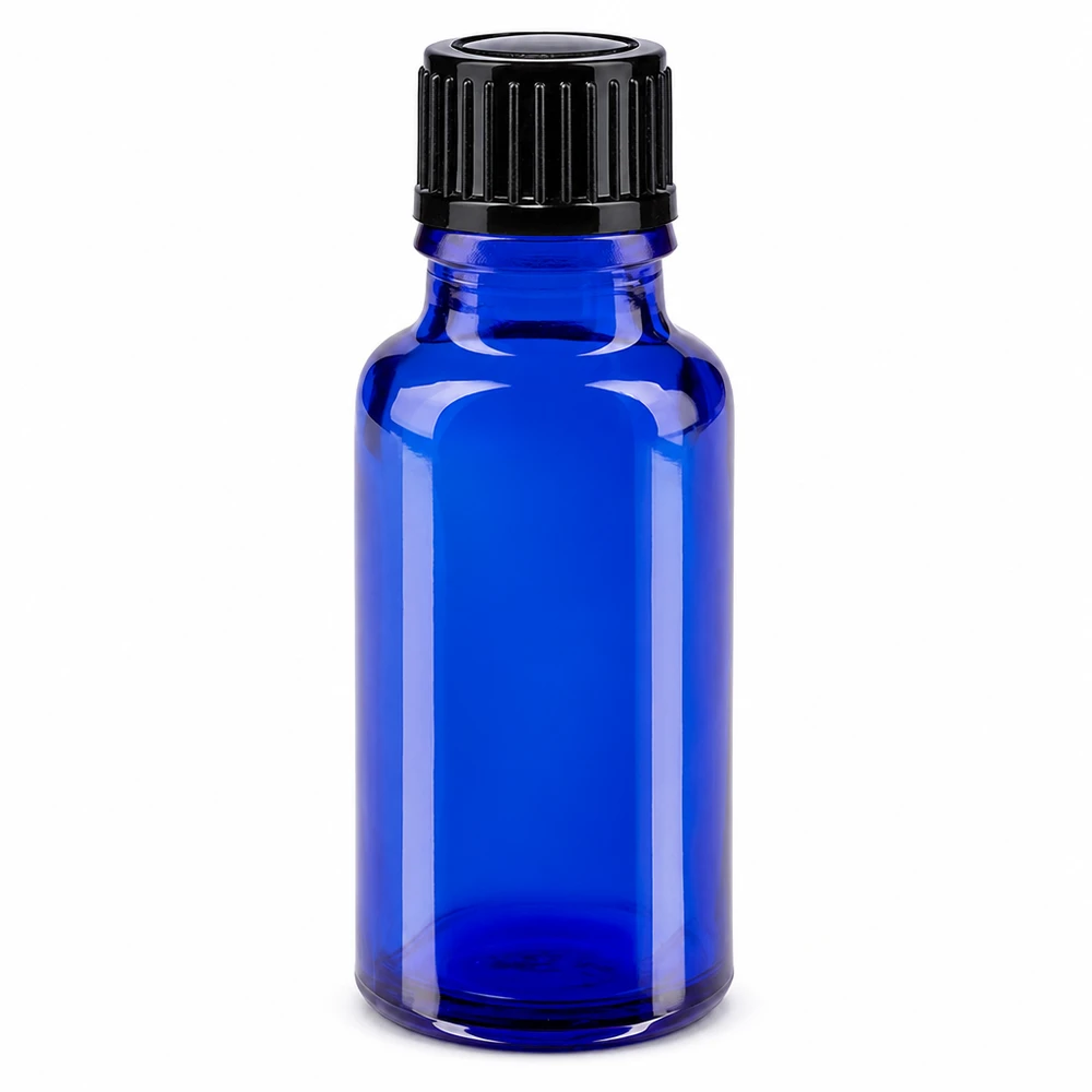 Lékárenská láhev modrá 20ml šroubovací uzávěr černý standardní UV-Schutz Apothekerflasche 20ml blaues Glas schwarzer Deckel für ätherische Öle