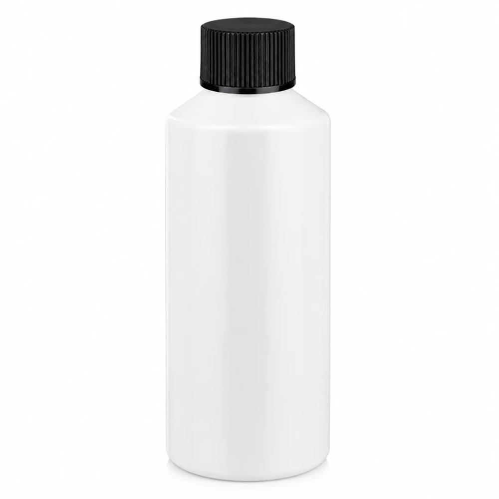 Lékárenská láhev HDPE 100ml bílá, s černým šroubovacím uzávěrem Lékárnická láhev z HDPE, 100 ml, bílá, s černým šroubovacím uzávěrem z plastu vhodného pro styk s potravinami