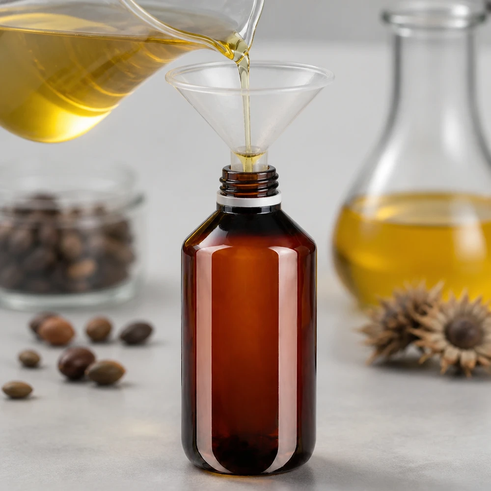 PET láhev 100ml s bílým rýhovaným uzávěrem s ochranou proti otevření. Láhev na olej o objemu 100 ml z hnědého PET při plnění zlatým rostlinným olejem pomocí nálevky