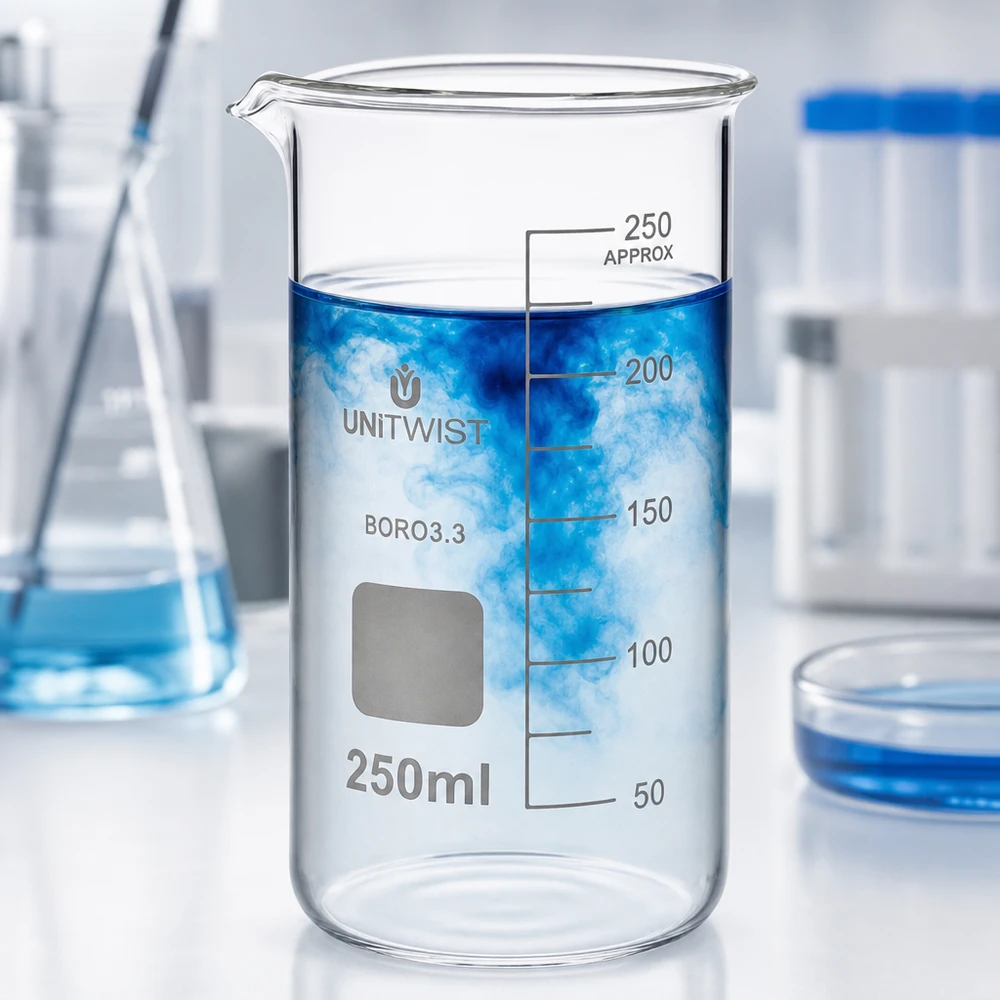 Kádinka 250ml borosilikátová, vysoká forma UNiTWIST Zylindrisches Becherglas 250ml BORO3.3 mit Ausgießer und blaue Flüssigkeit im Inneren