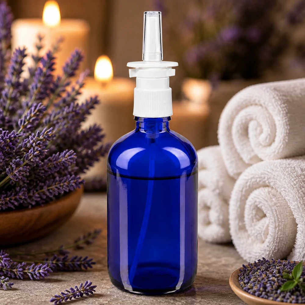 Lékárenská lahvička modrá 100ml nosní rozprašovač bílý standard. Lichtschutzglas Nasensprayflasche 100ml Blau mit Pumpspender für pharmazeutische Anwendungen