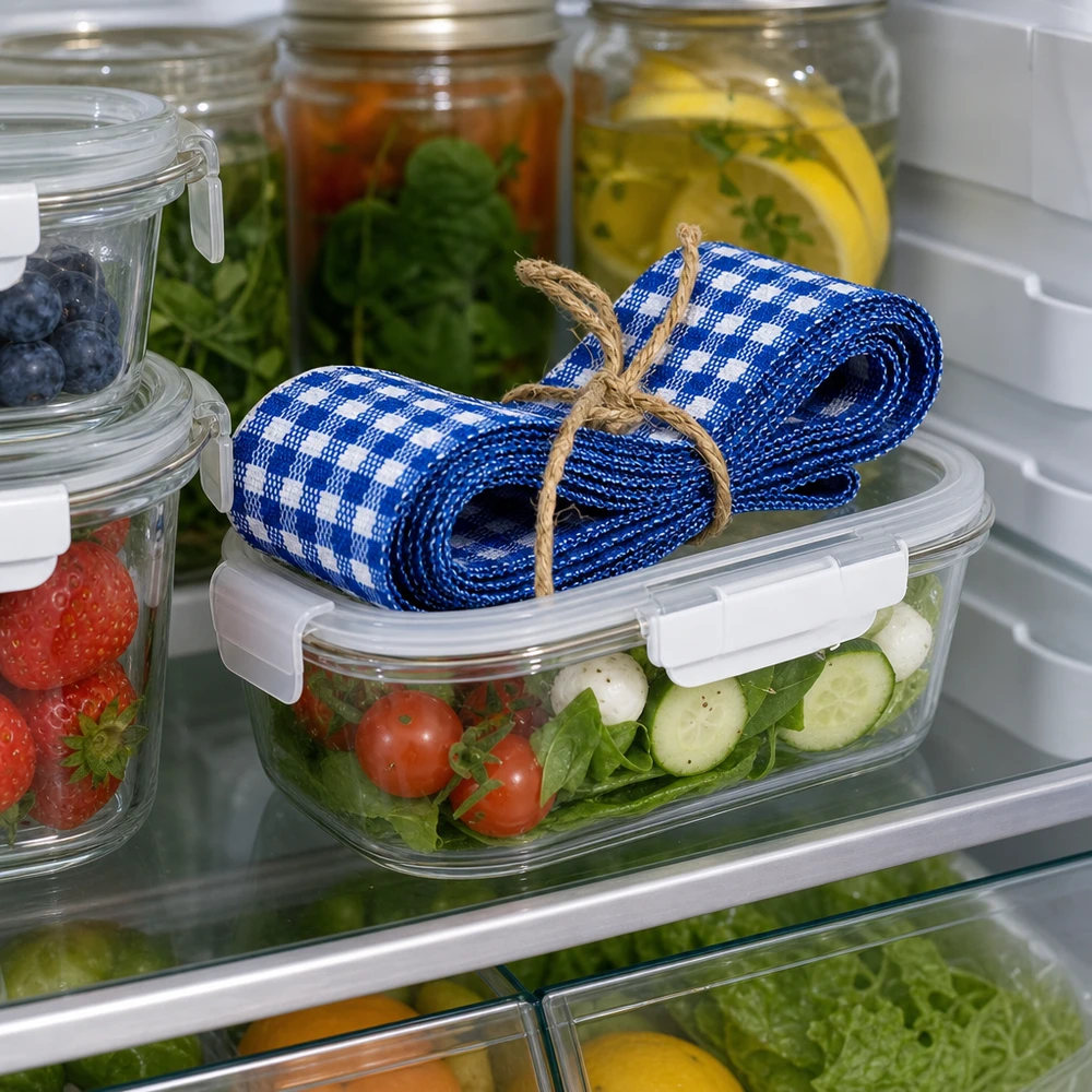Blau-weißes Stoffband 300cm dekorativ im Kühlschrank auf Salatbox zwischen Gemüse und Konservengläsern