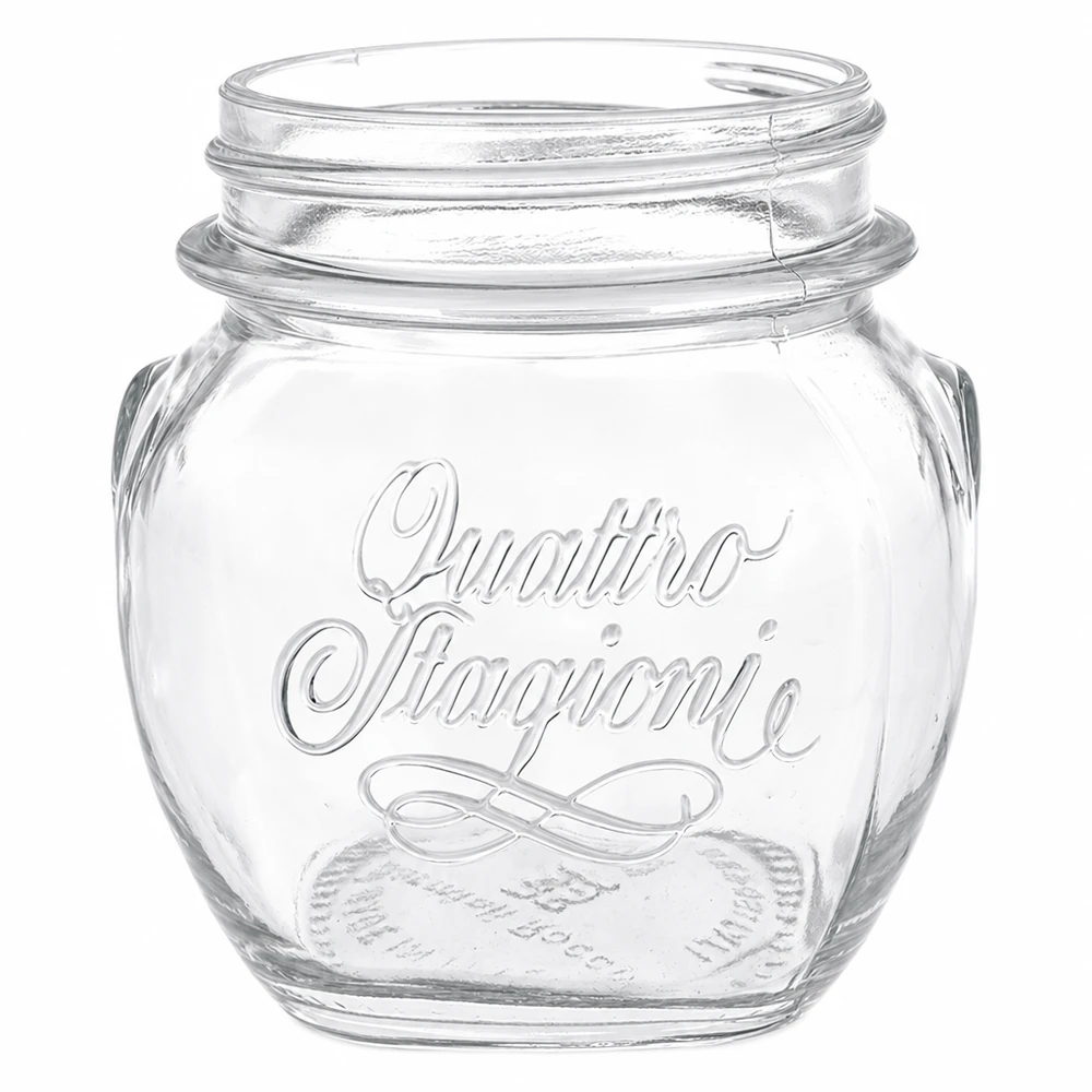Kulatá sklenice 300ml "Quattro Stagioni" QS70mm 300ml Quattro Stagioni Einmachglas aus klarem Glas mit geprägtem Logo und Schraubgewinde für Konservierung