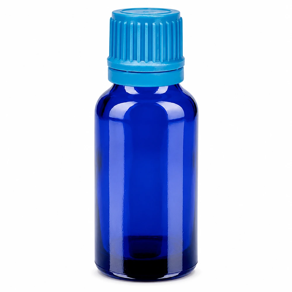 20ml láhev 11mm šroubovací uzávěr modrý uzávěr s ochranou proti manipulaci BlueLine UT18/20 20ml BlueLine Glasflasche mit gerilltem Verschluss perfekt für DIY-Mischungen