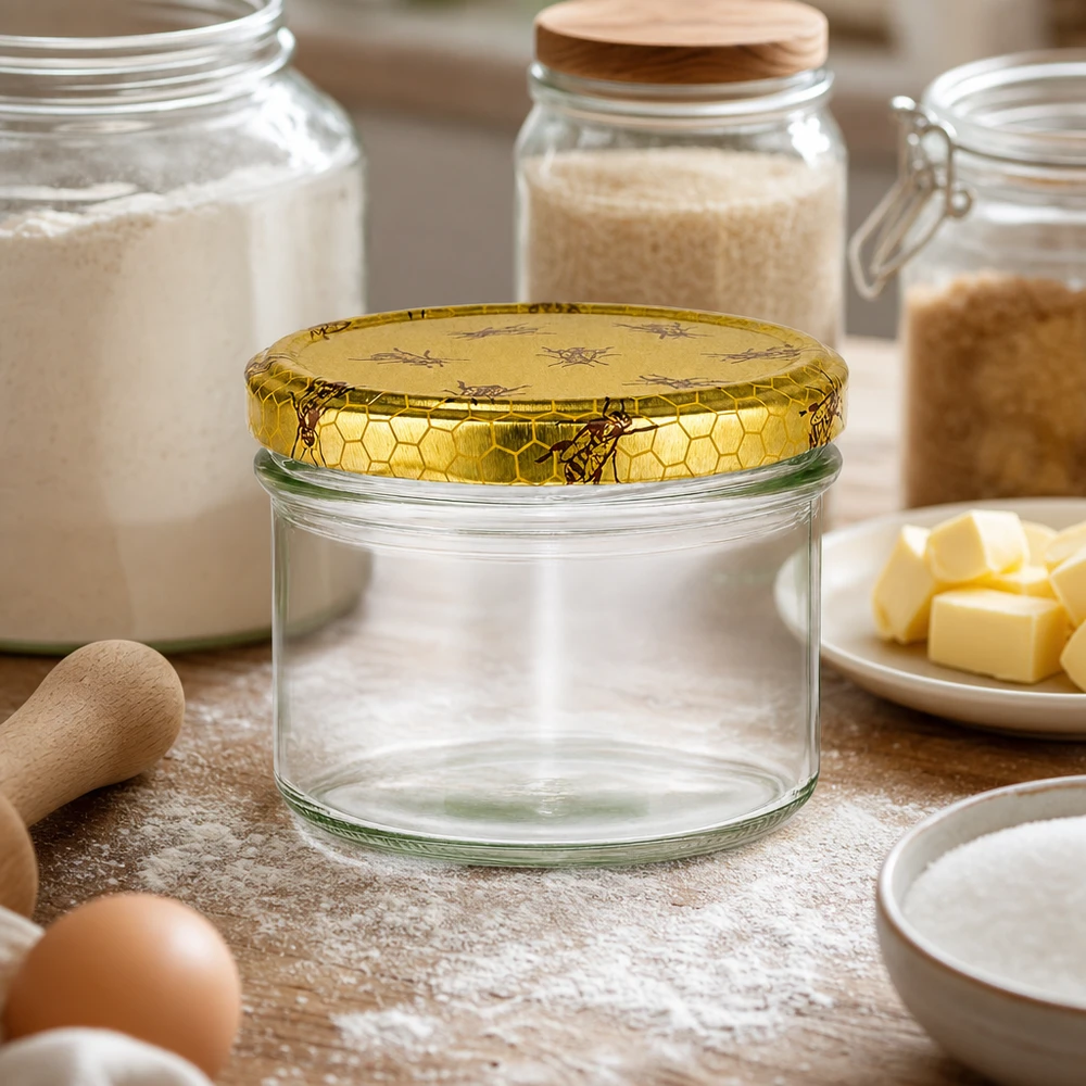225ml Sturzglas leer mit goldenem BasicSeal Bienenwaben-Deckel in Backstube Küchenszene mit Mehl Butter Eiern